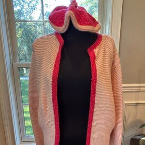 Vtg Handmade Knitted Pink Cardigan Sweater w/Beret Women's Medium